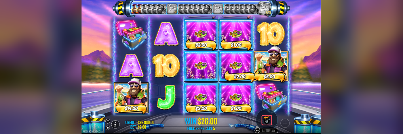 Big Bass Blast free spins round at Flush with two Fisherman Wilds collecting Money symbol values of $14.00 and $6.00 across the grid