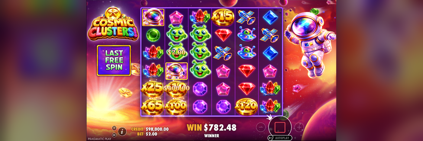 Cosmic Clusters Free Spins demo screenshot showing Money Symbols held at the bottom of the 6x6 grid during the bonus round