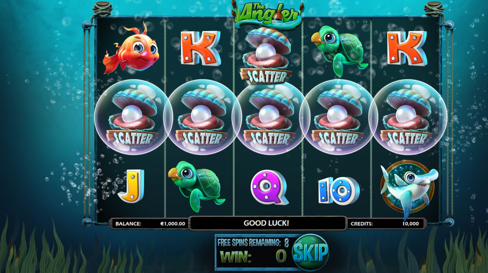 The Angler slot machine by Betsoft free spins bonus triggered with five scatters and an underwater background - Flush