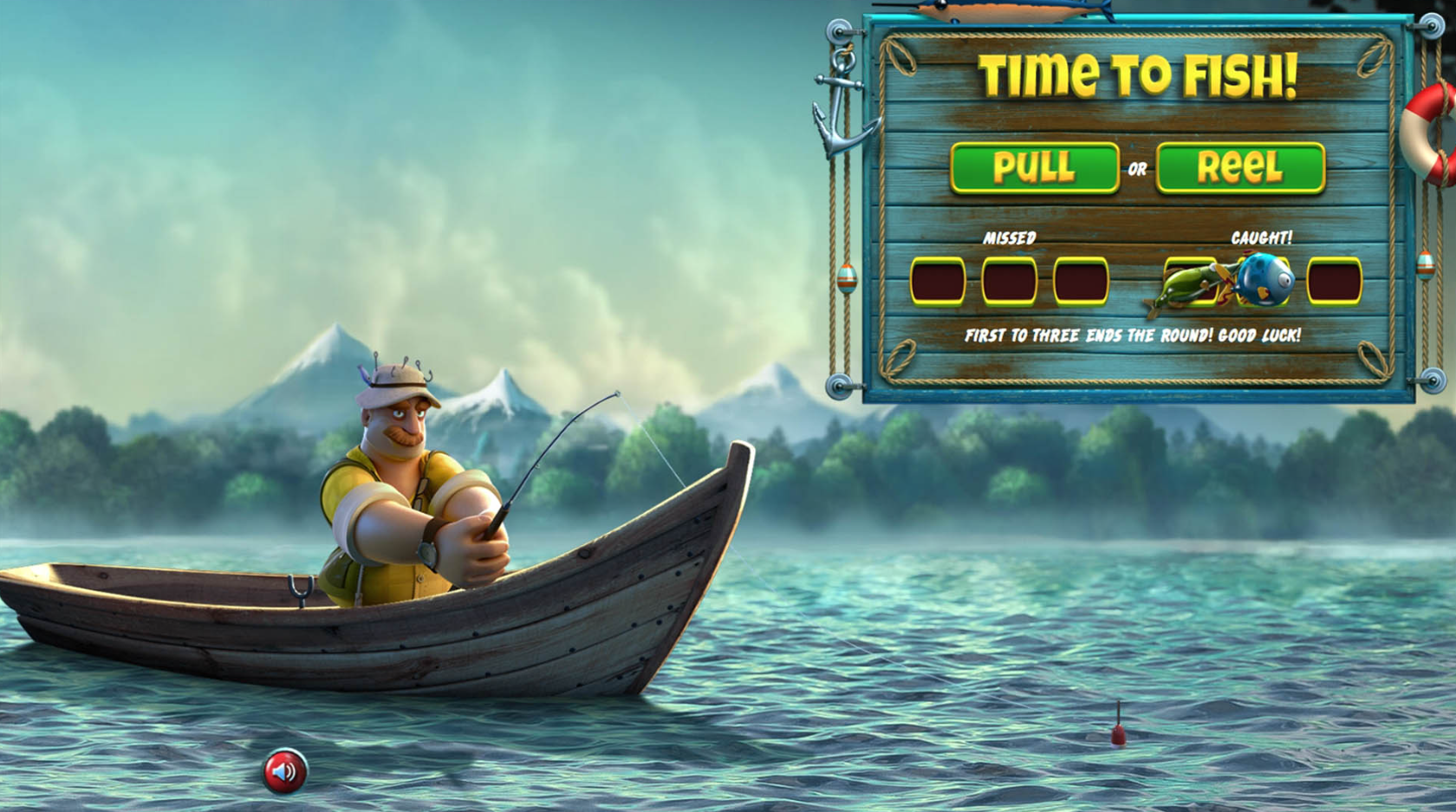 Fishing bonus feature of The Angler slot game by Betsoft with a fisherman on a boat in the lake ready to reel fish - Flush