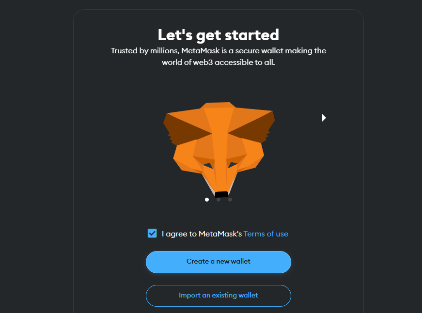 The MetaMask wallet creation window, featuring the iconic fox logo gazing downward at the cursor and options - Flush