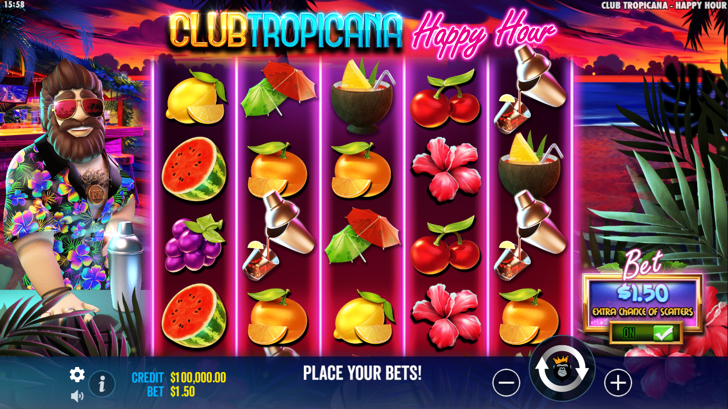 Pragmatic Play의 Club Tropicana Happy Hour 슬롯 베이스 게임, 릴 위의 고배당 및 저배당 심볼 - Flush