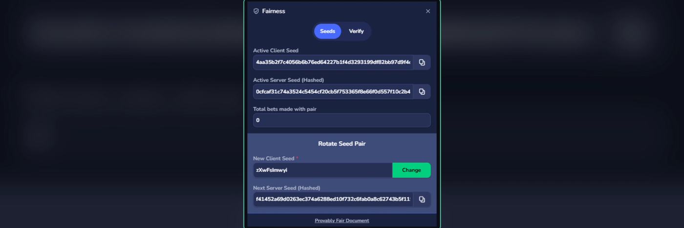 The Fairness panel on Flush, where you can see and rotate your seed pair