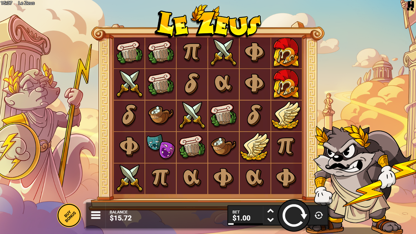 Hacksaw GamingのLe Zeusスロット、高配当・低配当シンボルが並ぶベースゲーム - Flush