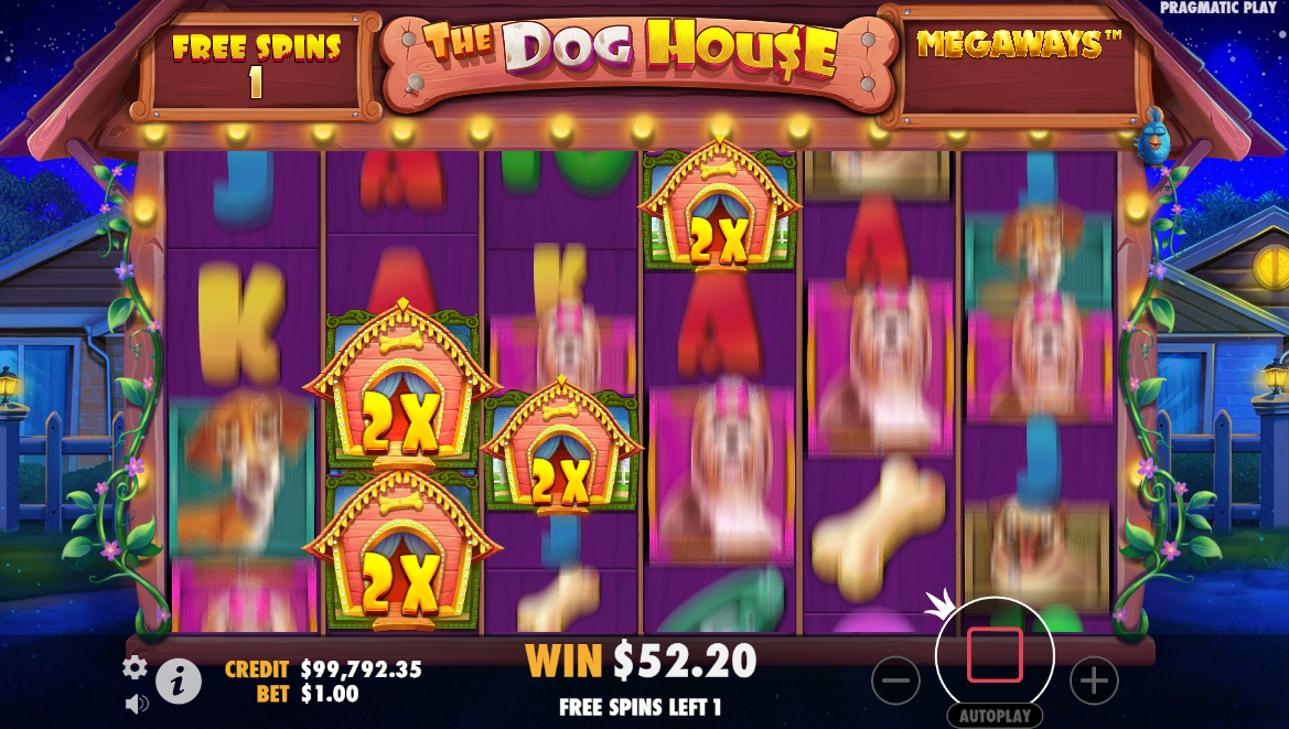 Pragmatic PlayのDog House Megawaysスロット、Raining Wildsフリースピンのプレイ画面 - Flush