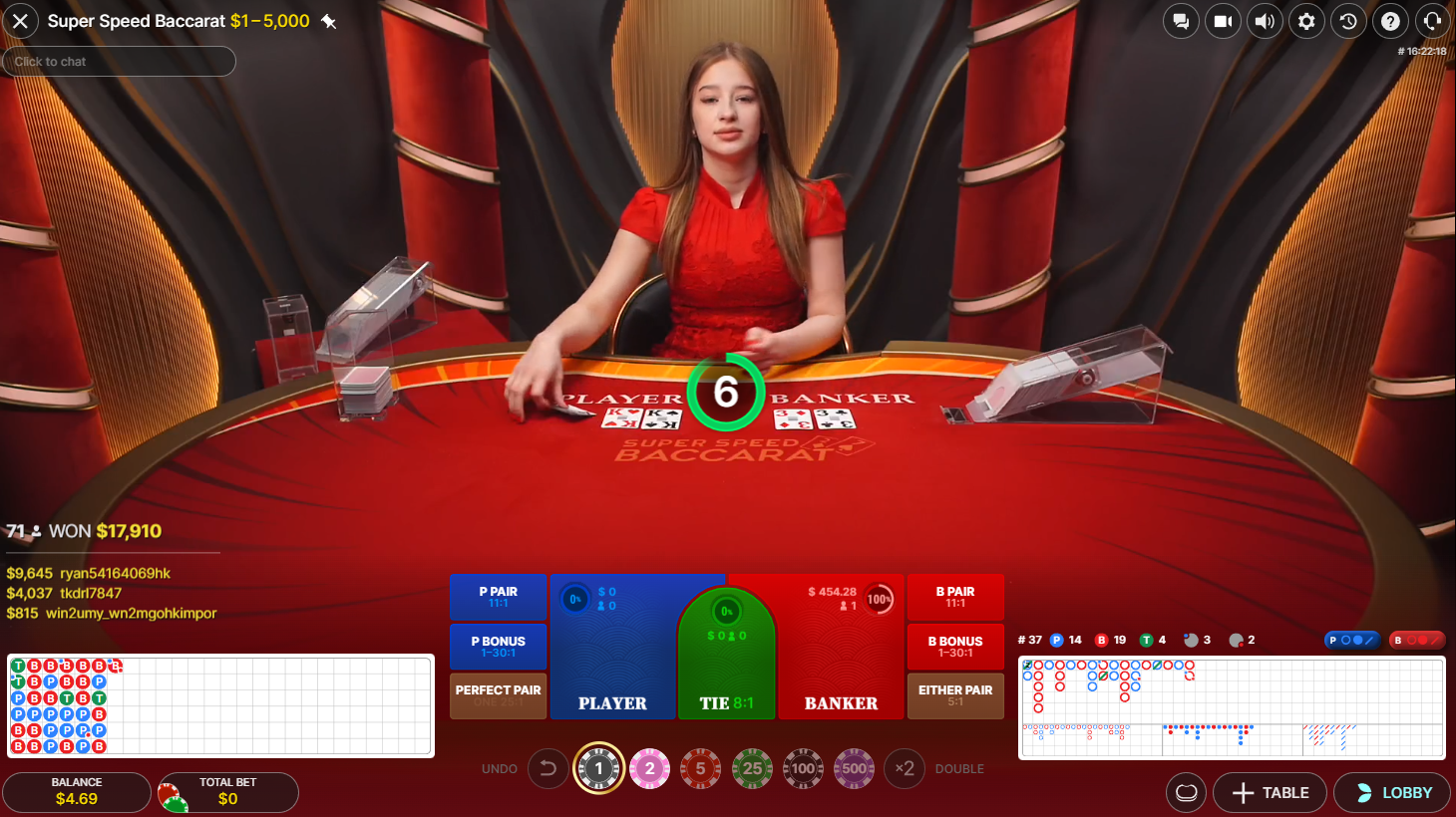 Super Speed Baccarat by Evolution, dealer with cards dealt - Flush Casino & Sportsbook