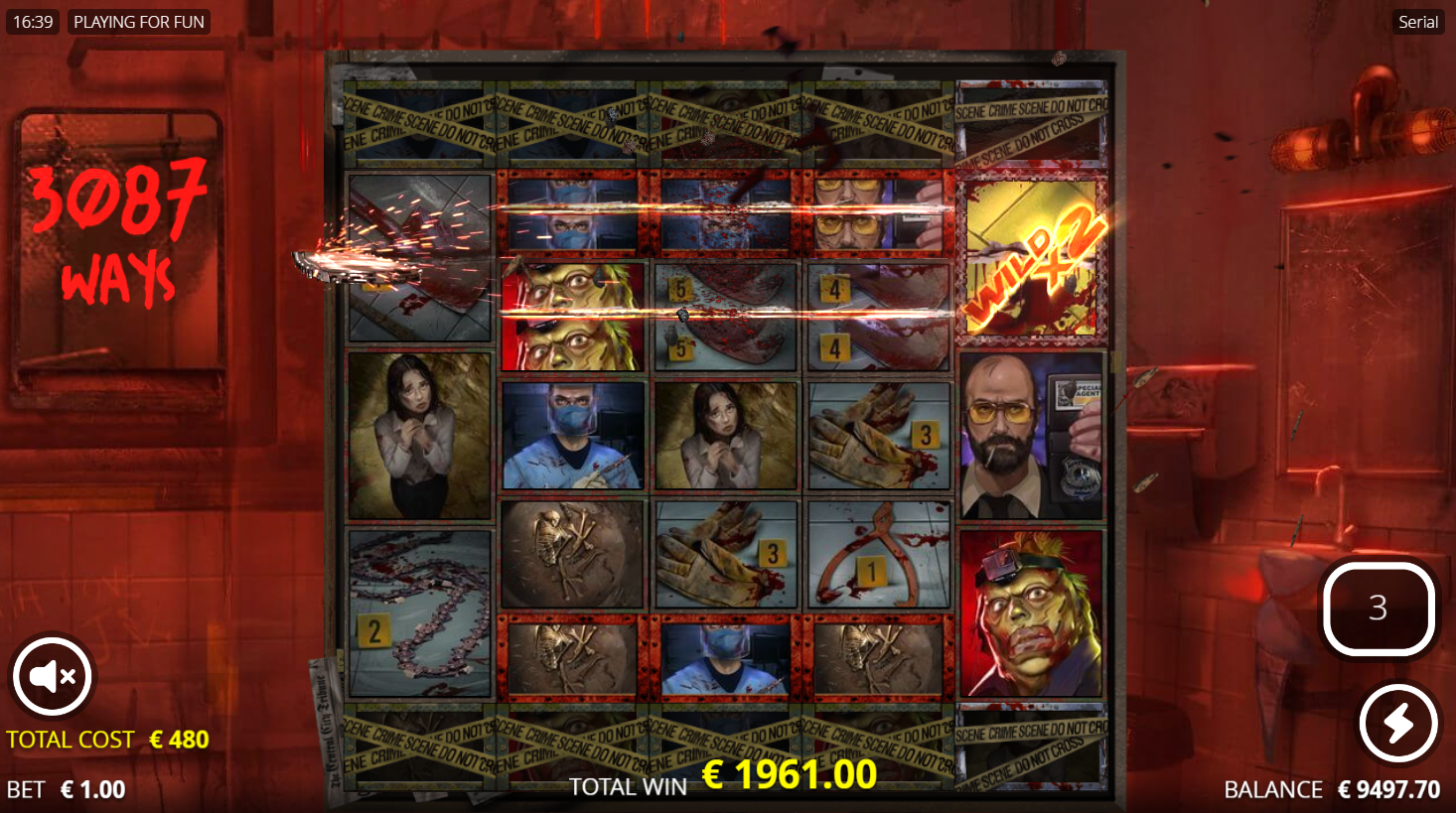 Nolimit CityのSerialスロット、血のように赤い背景のThe Killボーナススピン中のリール - Flush