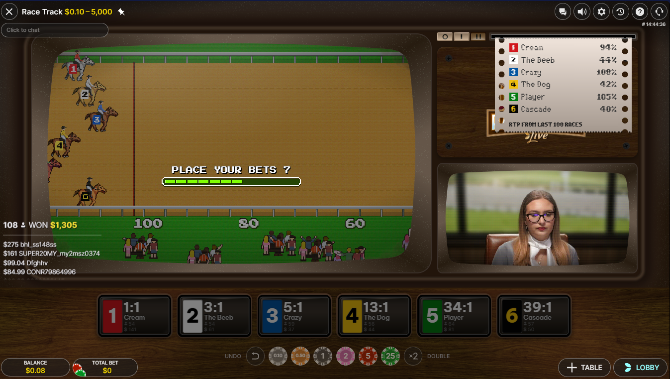 EvolutionのRacetrack Live - プレイヤーが情報に基づいてベットできるようAll Horsesの統計を表示したベットフェーズ - Flush