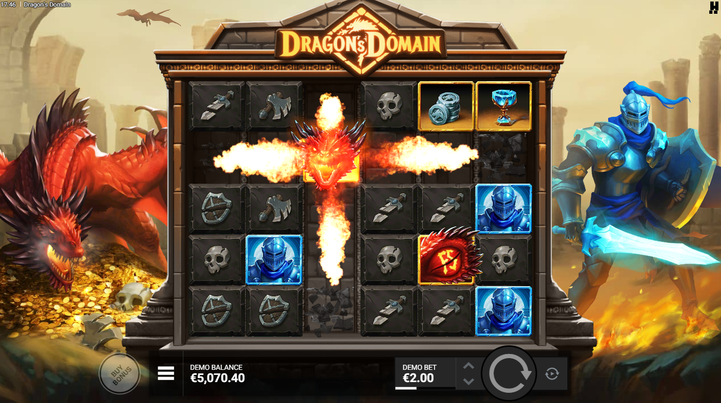 Hacksaw Gaming의 Dragon's Domain 슬롯 - 릴 위의 용 심볼과 Dragon Fire - Flush