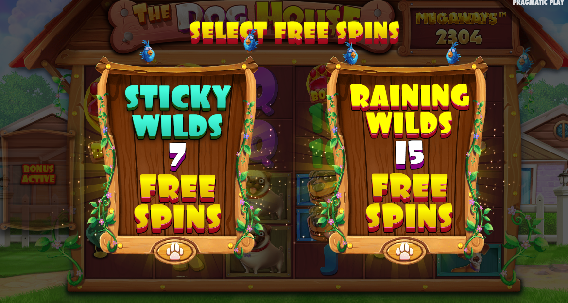Pragmatic PlayのDog House Megawaysスロット、フリースピンの選択画面：Sticky WildsとRaining Wilds - Flush