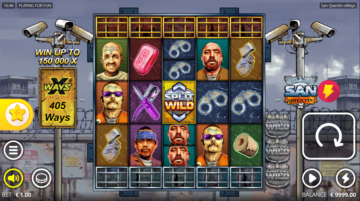 リール上に高配当と低配当のシンボルが並ぶ、Nolimit CityのSan Quentin xWaysスロットのゲーム画面、Flush
