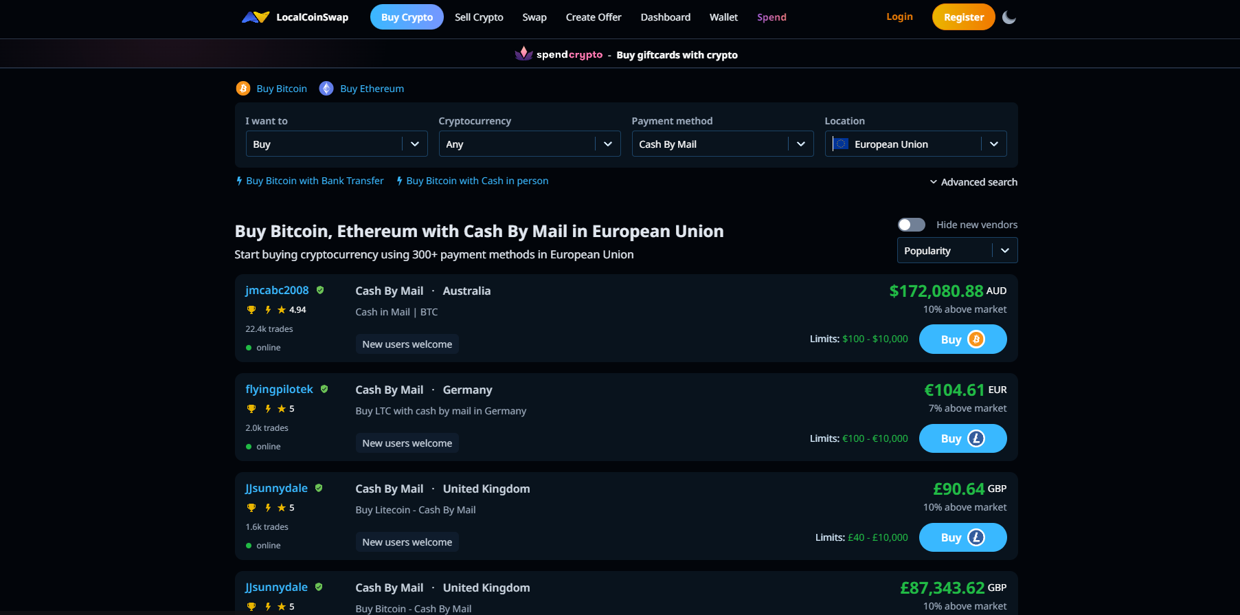 KYC不要のP2P Bitcoin取引向けに、さまざまなプレミアムと支払い方法のオファーを表示するLocalCoinSwapのマーケットプレイス - Flush