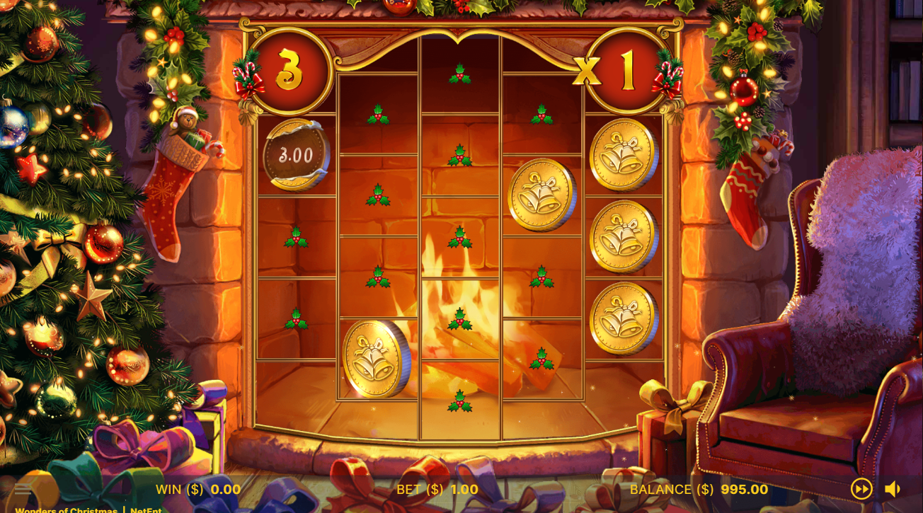 NetEntのWonders of Christmasスロット：リール上に金色のコインが並ぶフリースピンモード - Flush