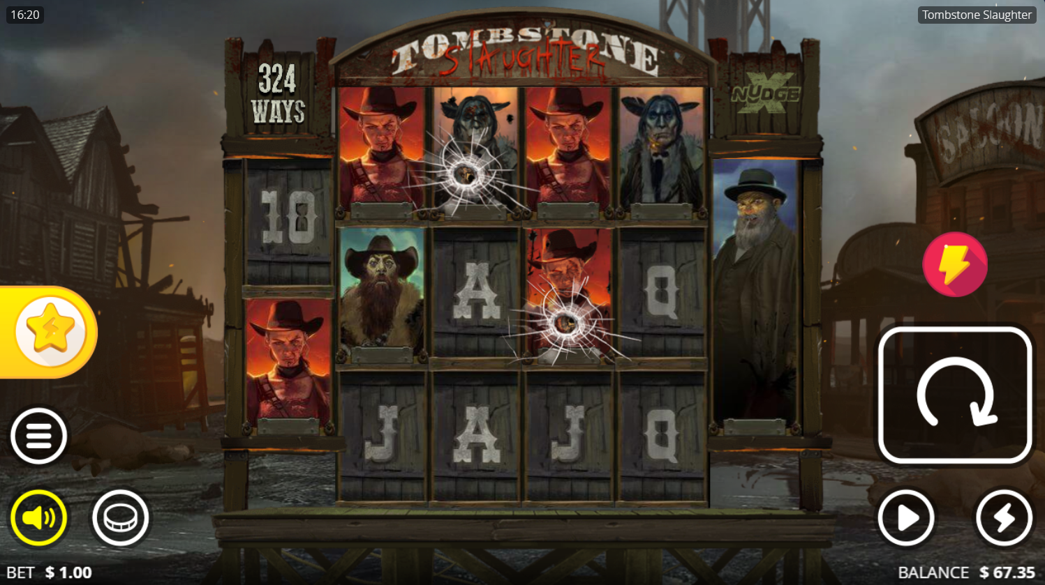 Nolimit CityのTombstone Slaughterスロット、リール上に低配当シンボルと高配当シンボルが並ぶメインゲームのプレイ画面 - Flush