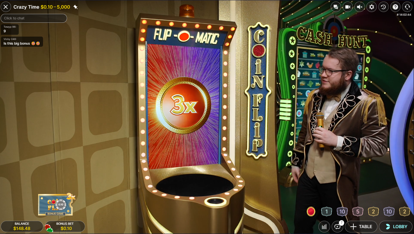Crazy Time 라이브 카지노 게임 - Coin Flip 보너스 기능 - Evolution Gaming - Flush