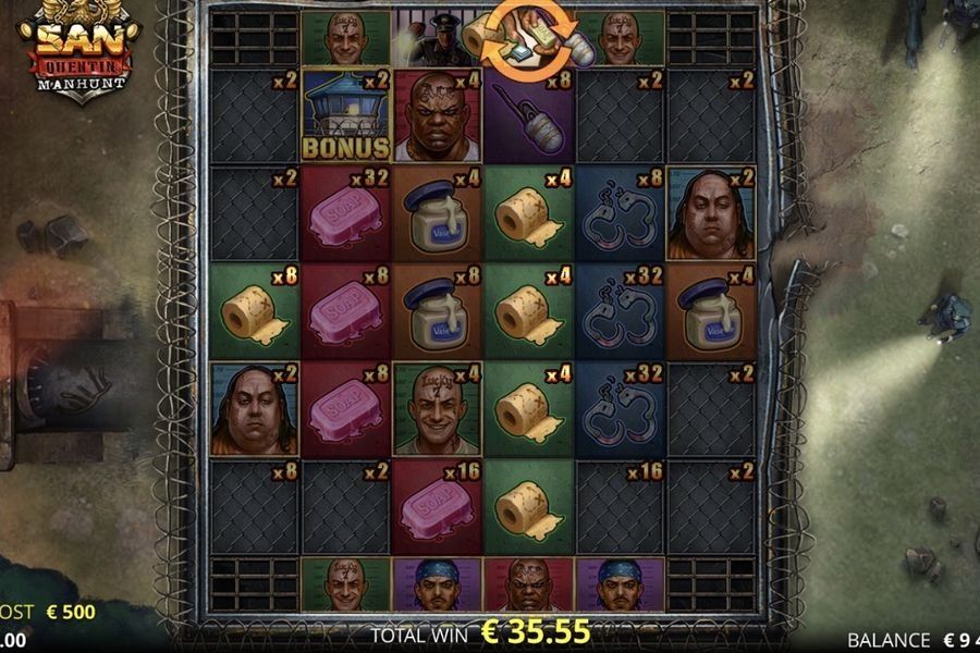 グリッド上でx2〜x32のMultiplier Blocksが有効になり、BONUSシンボル、xWaysの拡張、1相当のステークでのTotal Winが表示されたSan Quentin Manhuntのボーナスセッション