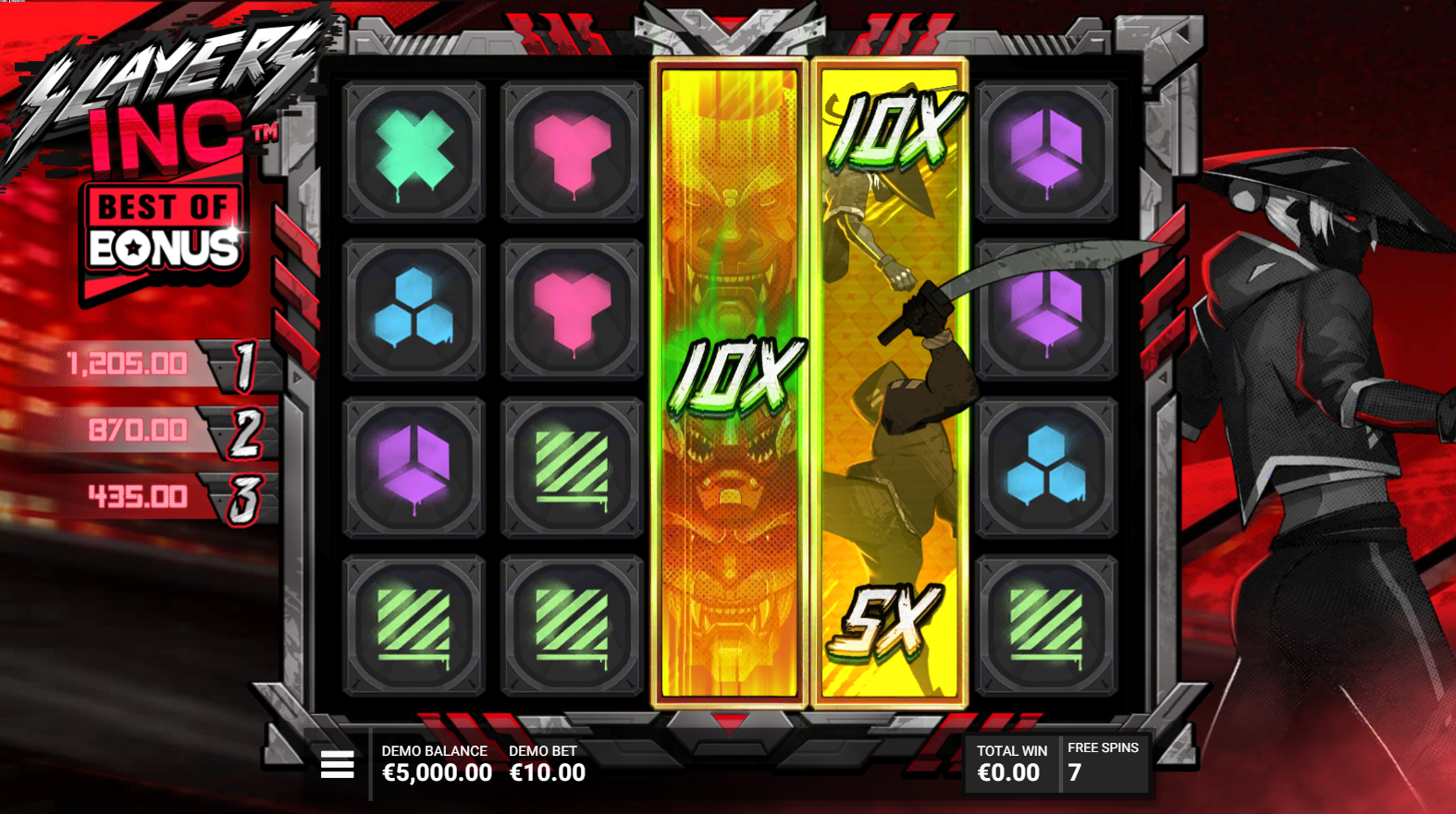 Slayers Inc. slot game by Hacksaw Gaming Best of Bonus free spins mode with two expanding Wilds - Flush