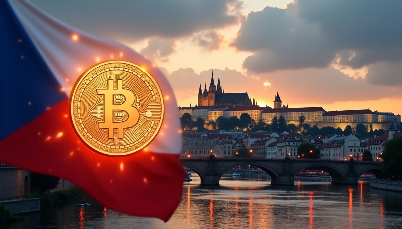 Prague's skyline with Czech Flag and Bitcoin golden coin representing Bitcoin Strategic Reserve - Flush