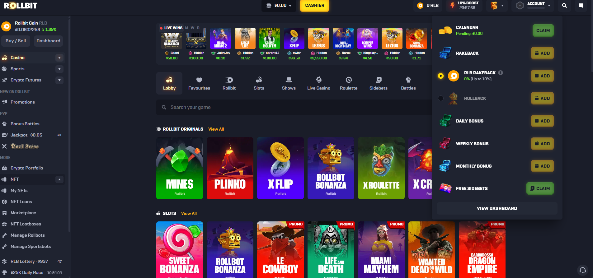 2026년 Rollbit 카지노 로비: Originals, Mines, Plinko, X Flip, Rollbot Bonanza, 리워드 대시보드