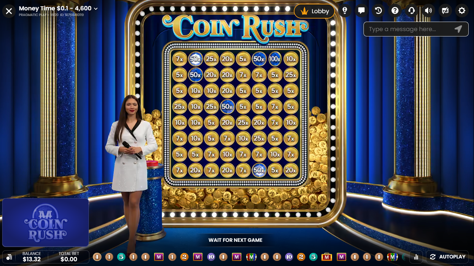 倍率付きのコインが並ぶ8x8グリッドを表示したPragmatic Play LiveのMoney TimeのCoin Rushボーナス、Flush