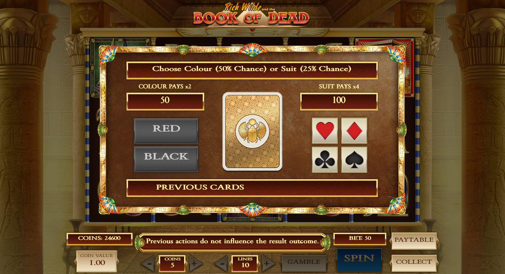 Gamble feature in Book of Dead by Play’n GO, offering color choice to double or suit choice to quadruple winnings - Flush