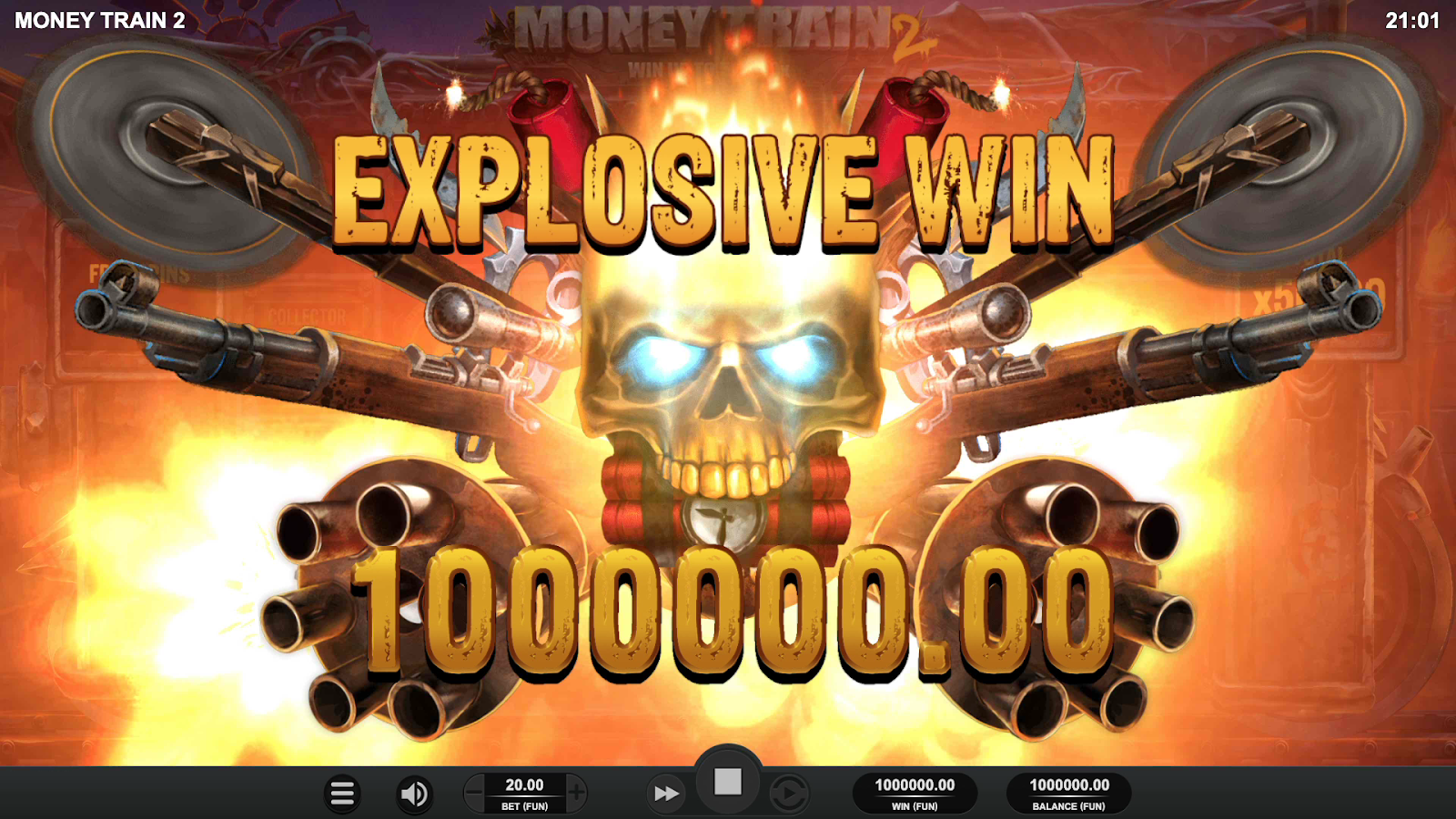 Relax GamingのMoney Train 2。ドクロと銃が炸裂する、100万ドルの巨額ビッグウィンを示す画像 - Flush