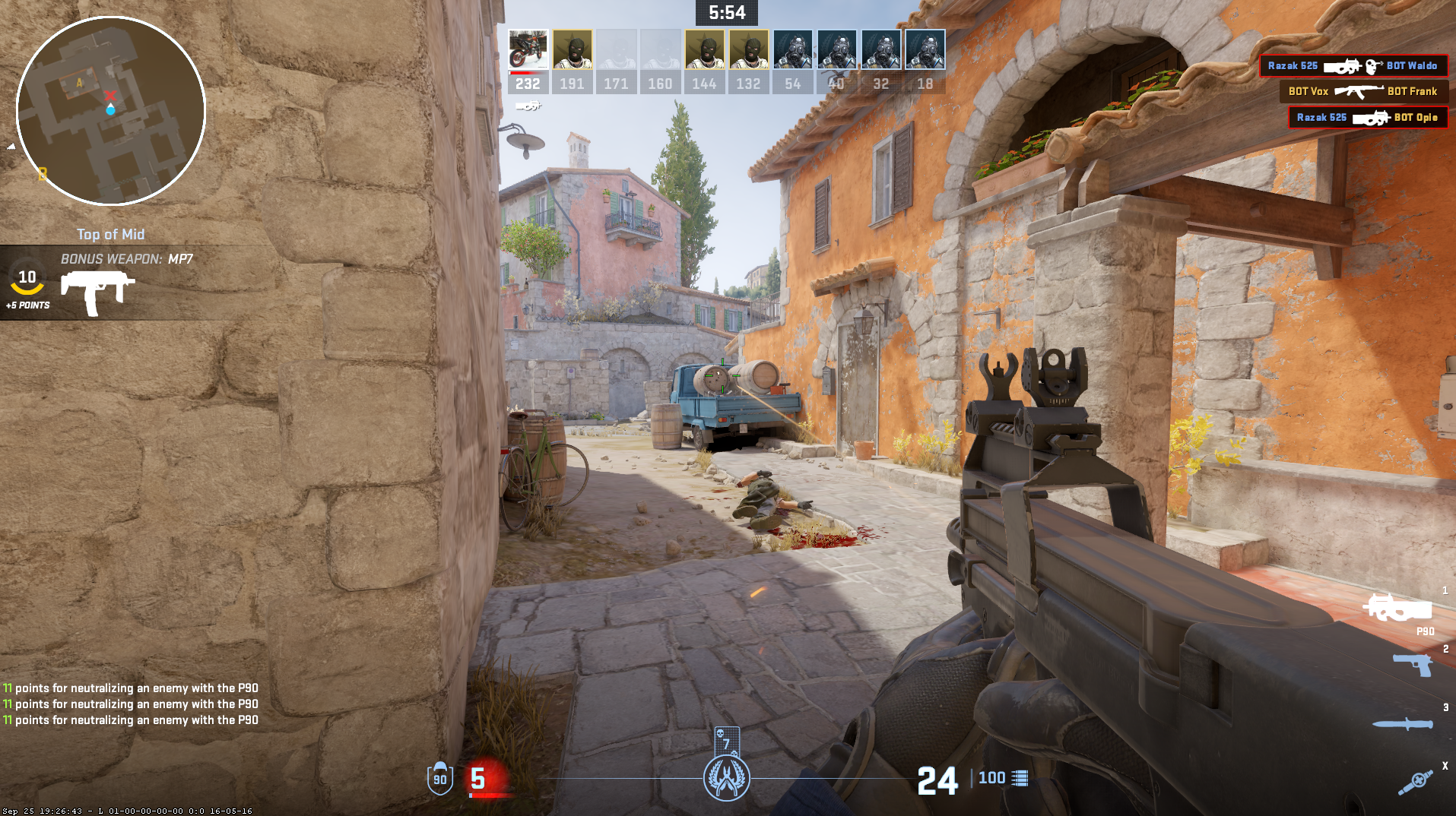 Live Game of Counter Strike 2, SMG neutralizing terrorist on the ground