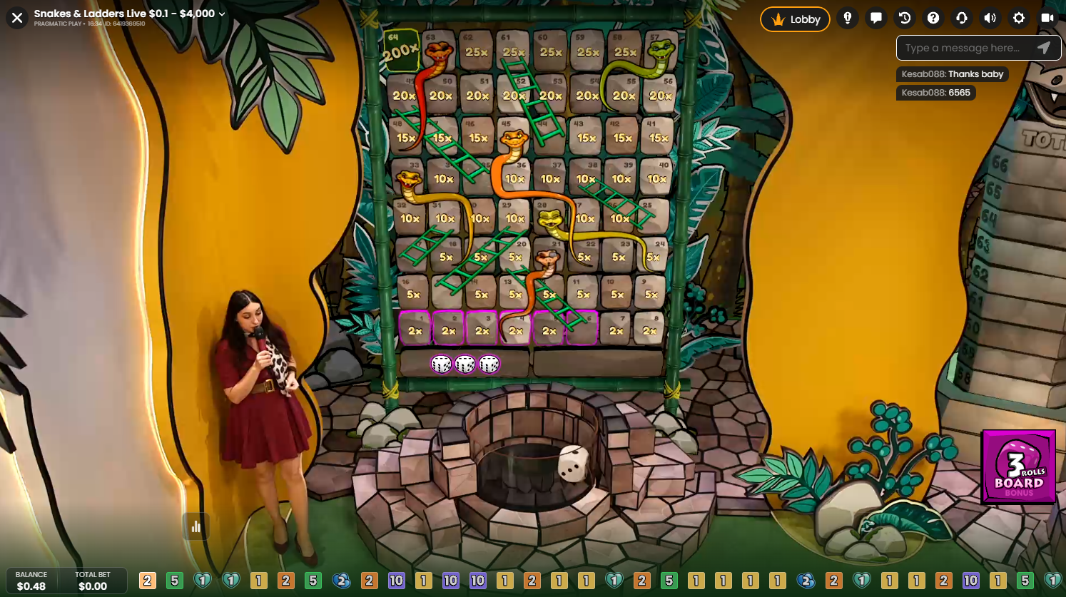 Snakes and Ladders Liveのボードボーナスゲーム。ヘビ、梯子、ゲームボードを表示 - Pragmatic Play、Flushライブカジノ