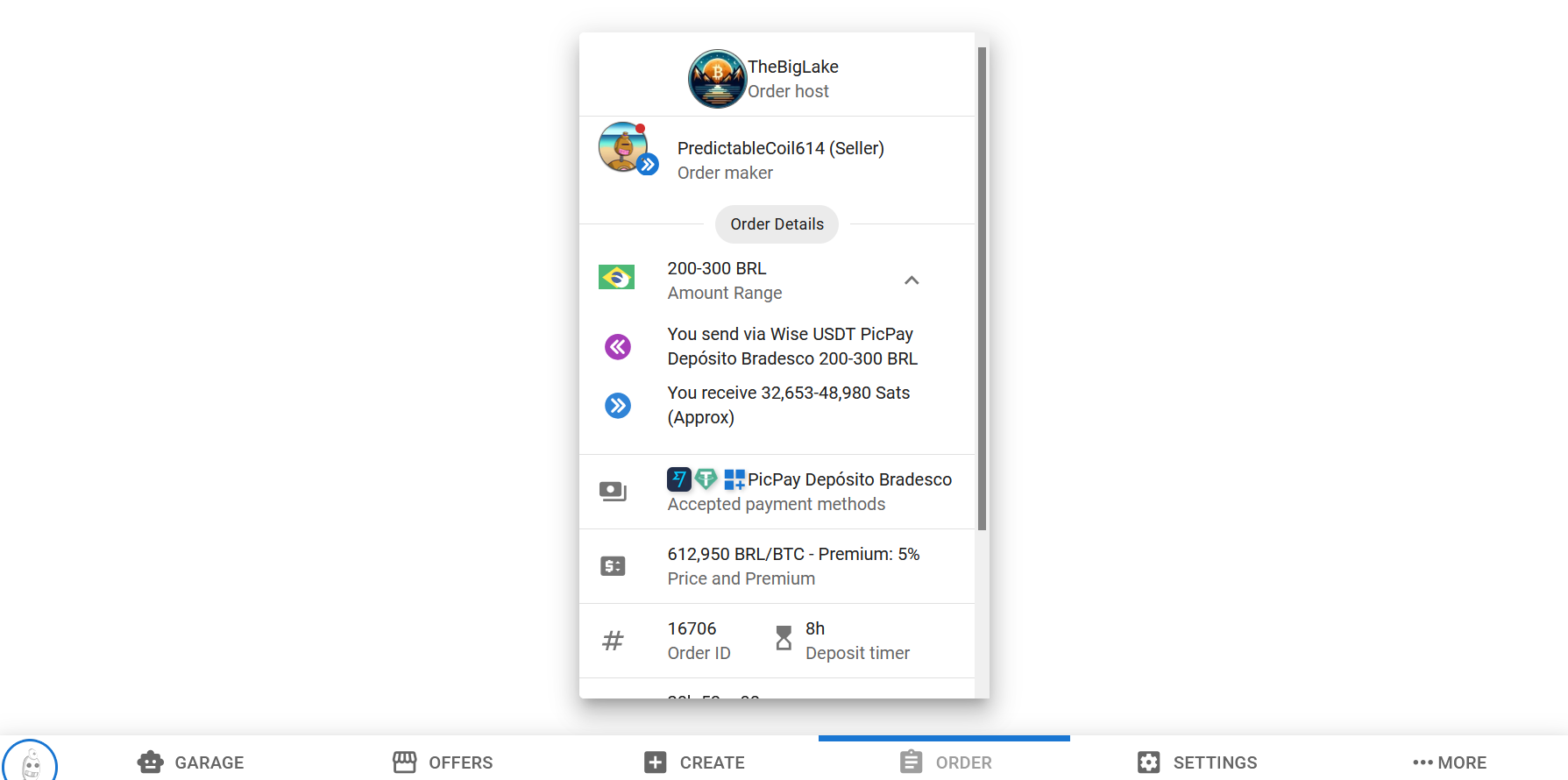 BRL로 BTC를 구매하는 RoboSats 주문 상세, 5% 프리미엄과 KYC 없는 P2P Bitcoin 거래 조건 - Flush