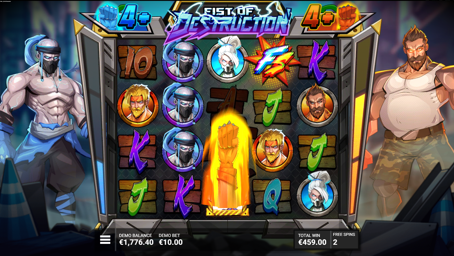 Hacksaw GamingのFists of Destructionで、リール上にフィスト拡張ワイルドが並ぶUltimate Throwdown Bonus - Flush