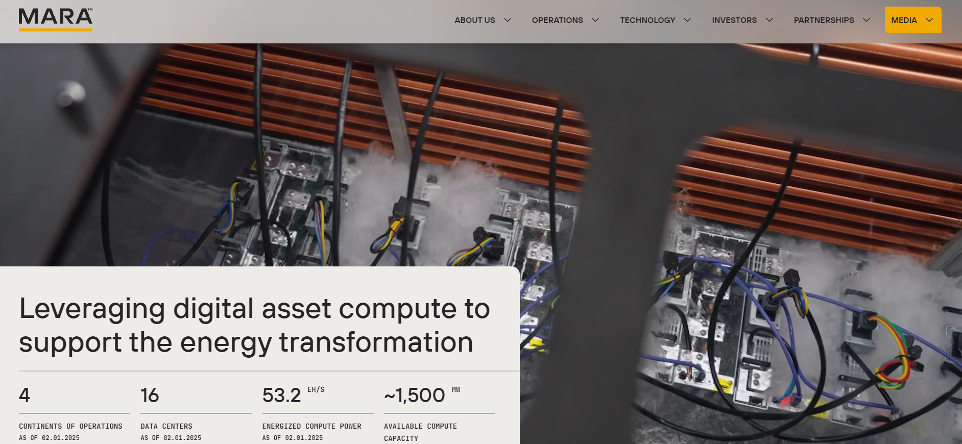 Screenshot of Mara Holdings' website, a major Bitcoin miner using immersion-cooled miners - Flush