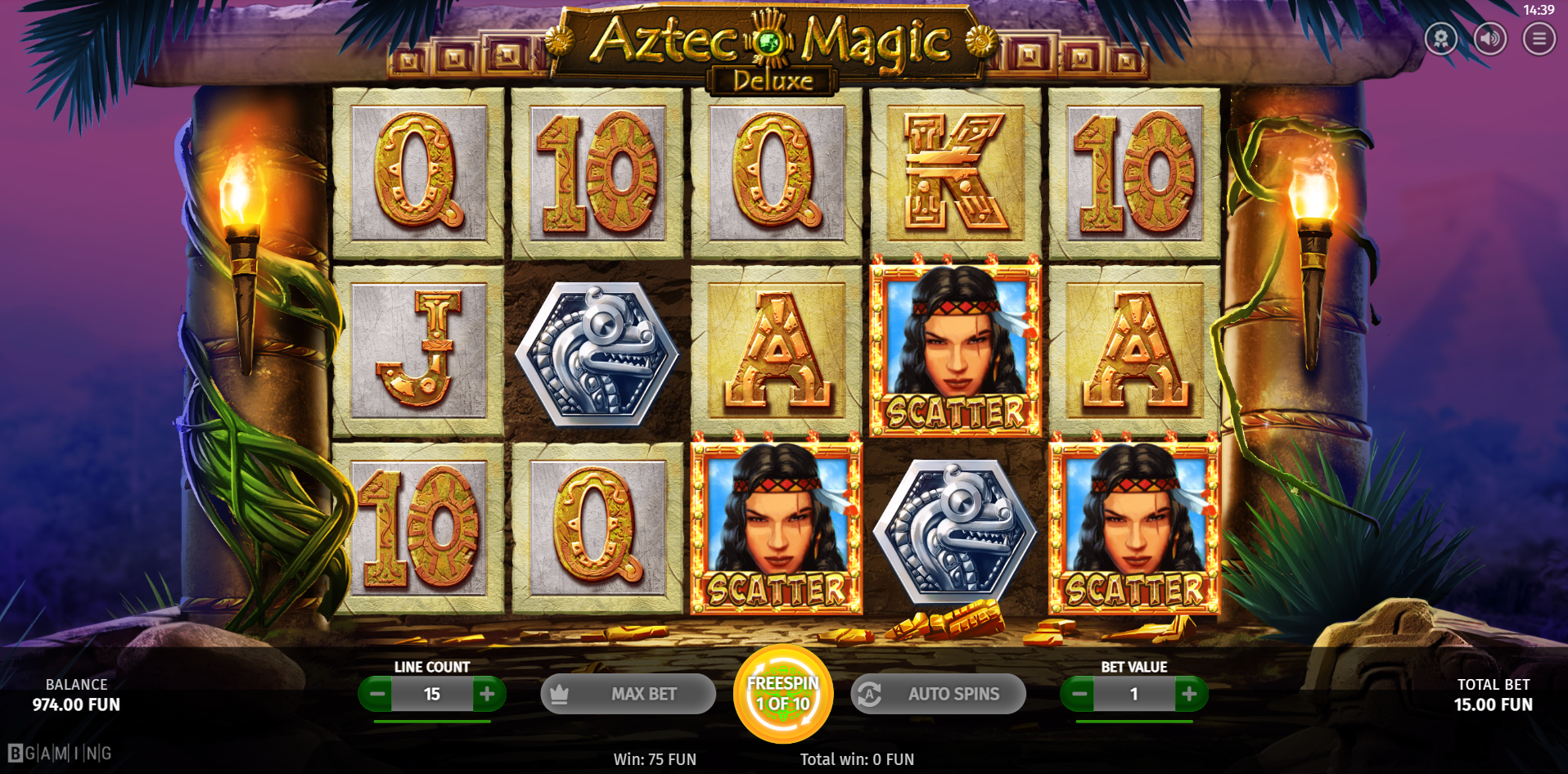 BGaming の Aztec Magic Deluxe スロットのフリースピンモードで、3つのスキャッターと豪華なシンボル、Flush