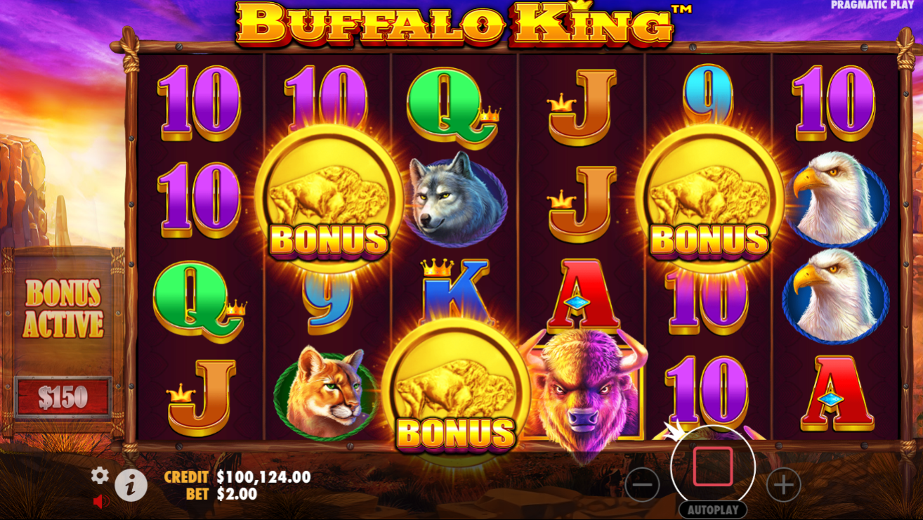 Pragmatic PlayのBuffalo Kingスロットで3つのBuffalo Bonusスキャッターがフリースピンをトリガーするプレイ画面 - Flush。