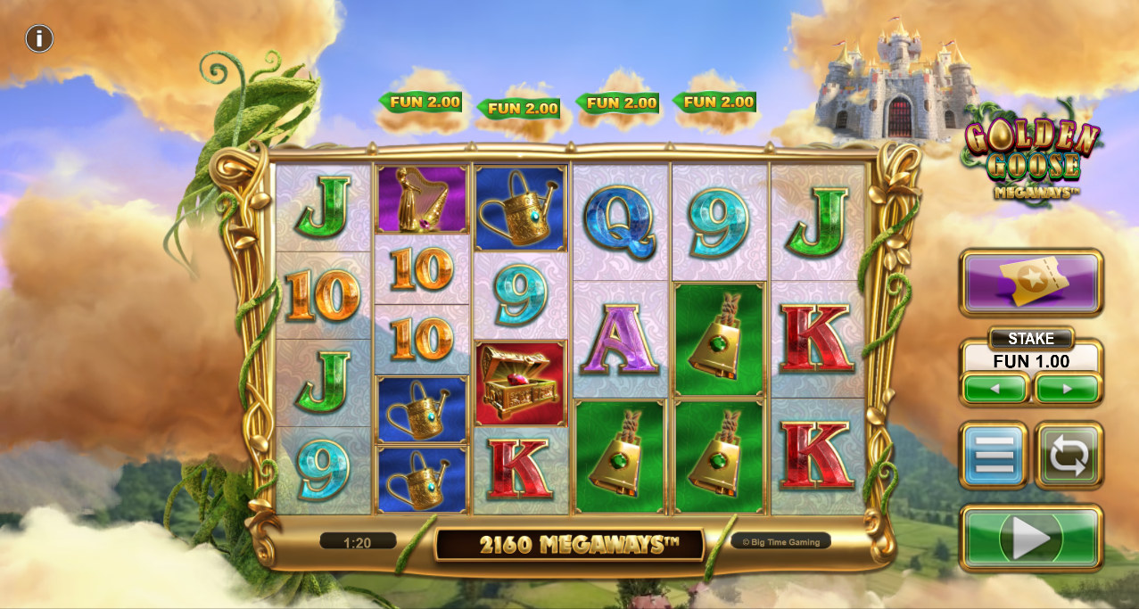 Big Time GamingのGolden Goose Megawaysスロット。リール上に高配当・低配当シンボルが並ぶ様子 - Flush