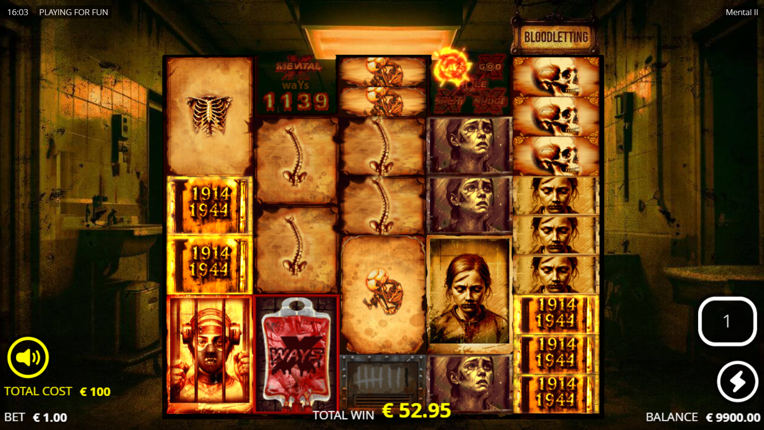Nolimit CityのMental 2スロット、リール上にさまざまなシンボルが並ぶBloodletting フリースピン機能 - Flush