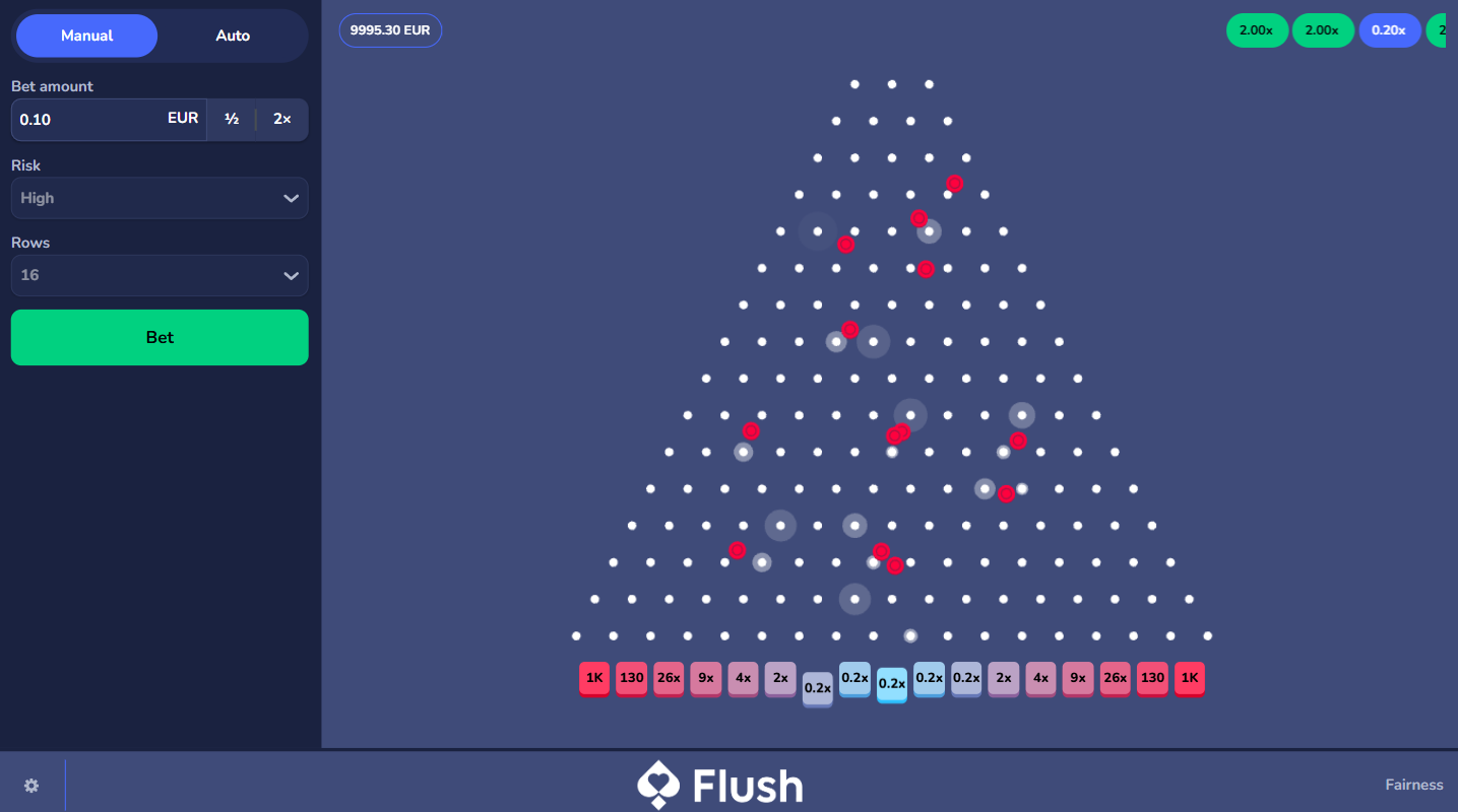 Flush OriginalsのPlinkoカジノゲーム。大きな配当を目指して複数のボールがマルチプライヤーボックスへ落ちていく様子。