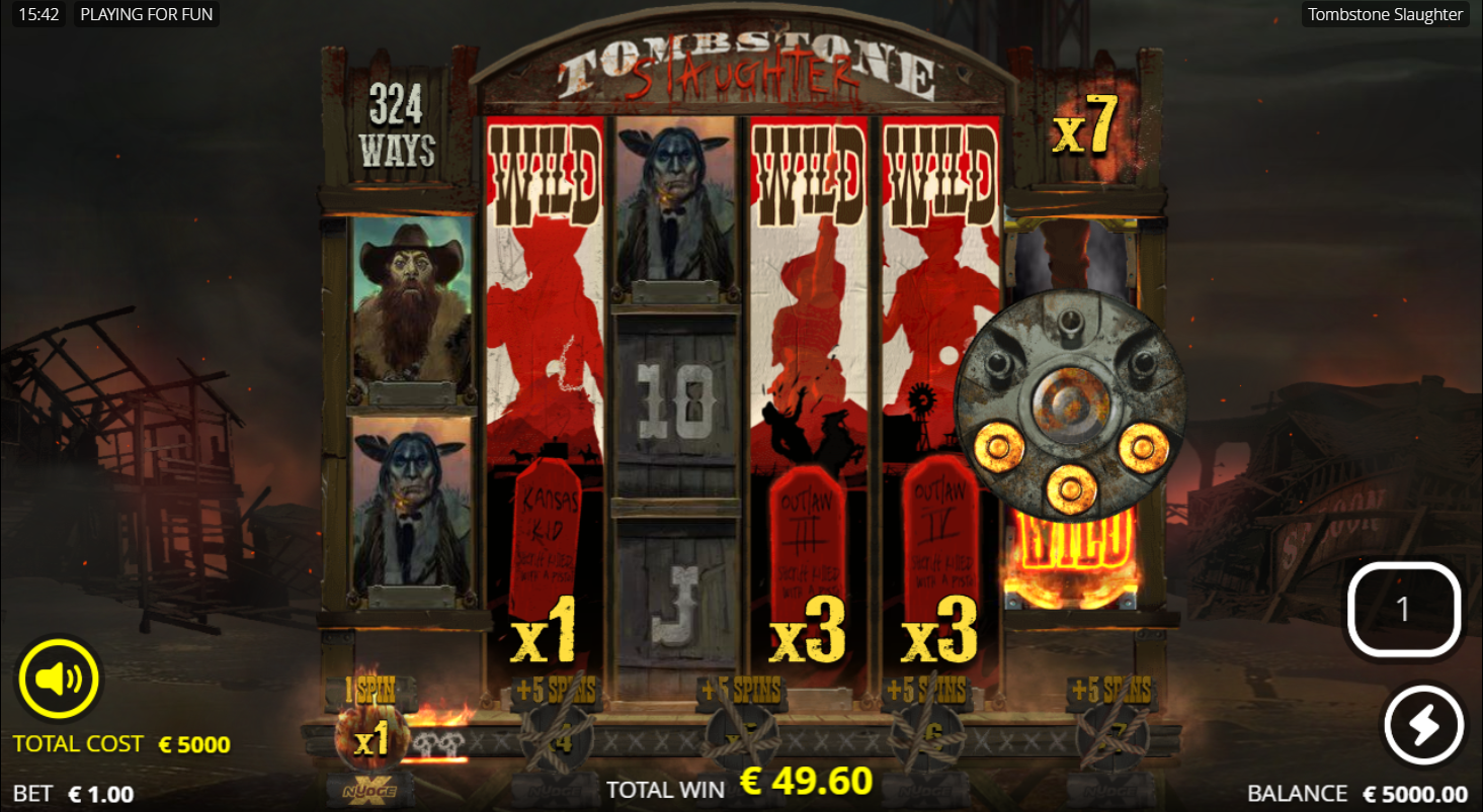 Nolimit CityのTombstone Slaughterスロット、Nudging WildとワイルドをばらまくRevolverシンボルが登場するMassacre Spins - Flush