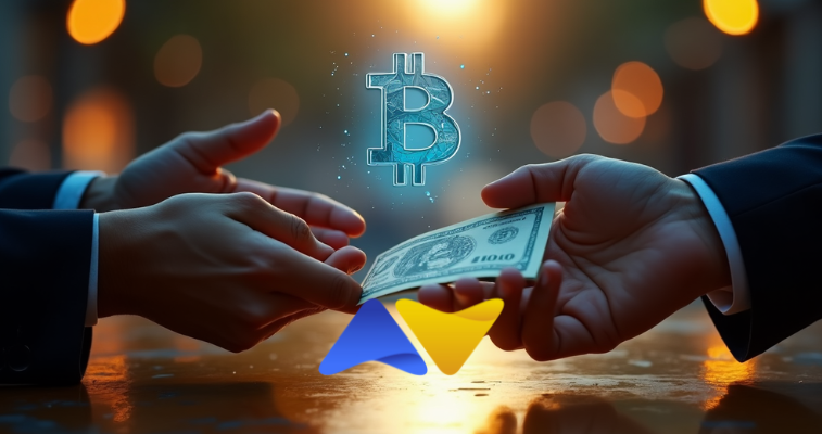 LocalCoinSwapのロゴとともにドル札とBitcoinのホログラムを交換する2つの手。P2P Bitcoin取引を象徴している - Flush