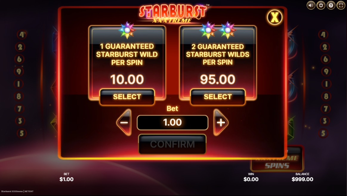 NetEntのStarburst XXXtremeスロット：1スピンごとに1個または2個のStarburst Wildが確定するボーナス購入メニュー - Flush。