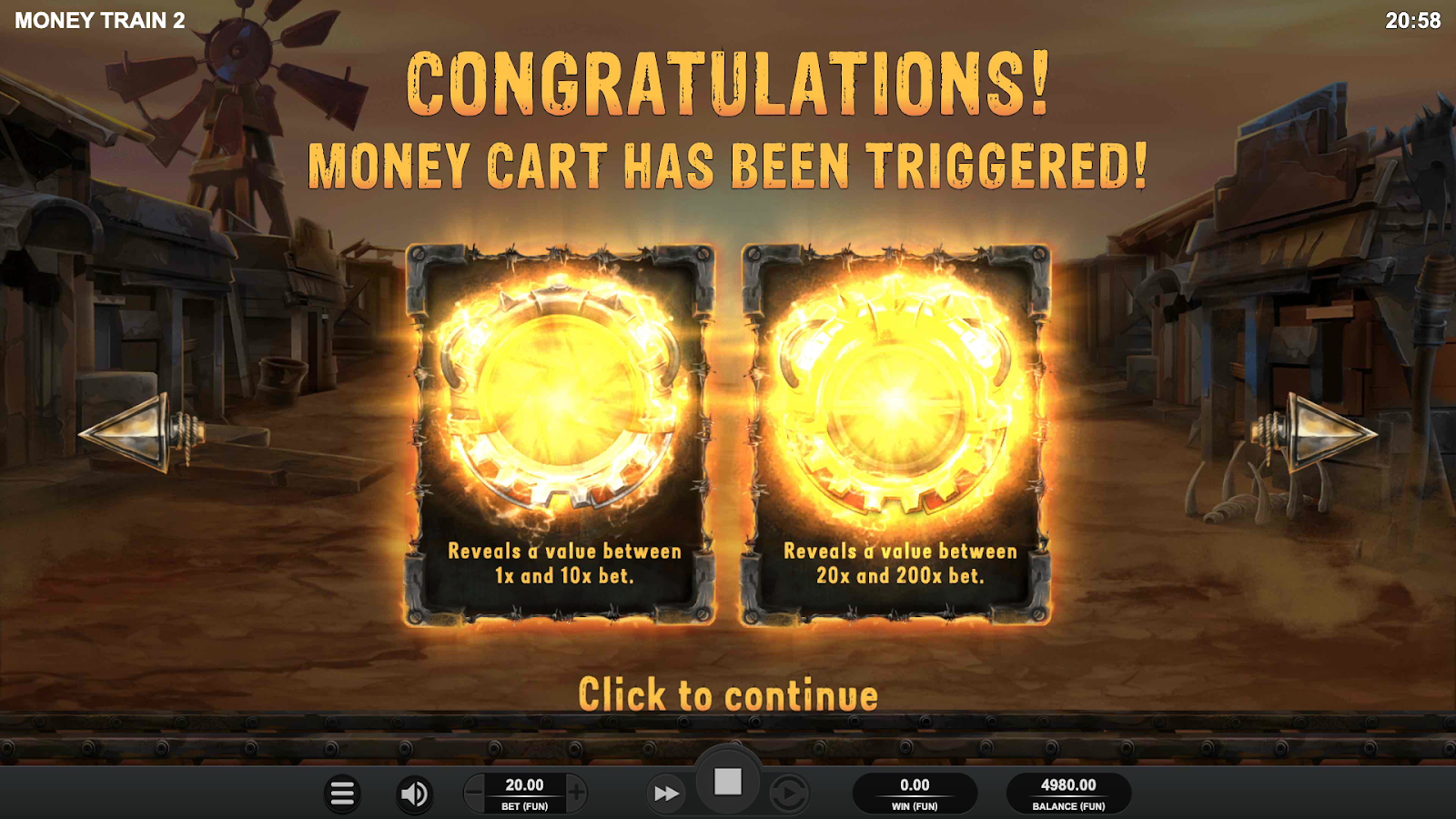 Relax GamingのMoney Train 2スロットゲーム。倍率と持続シンボルを加えるMoney Cart Bonusラウンド - Flush