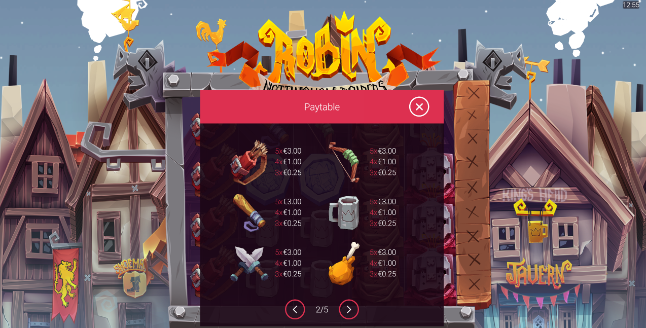 Yggdrasilの Robin Nottingham Raiders スロット、低配当シンボルと配当額を重ねて表示した基本リール - Flush