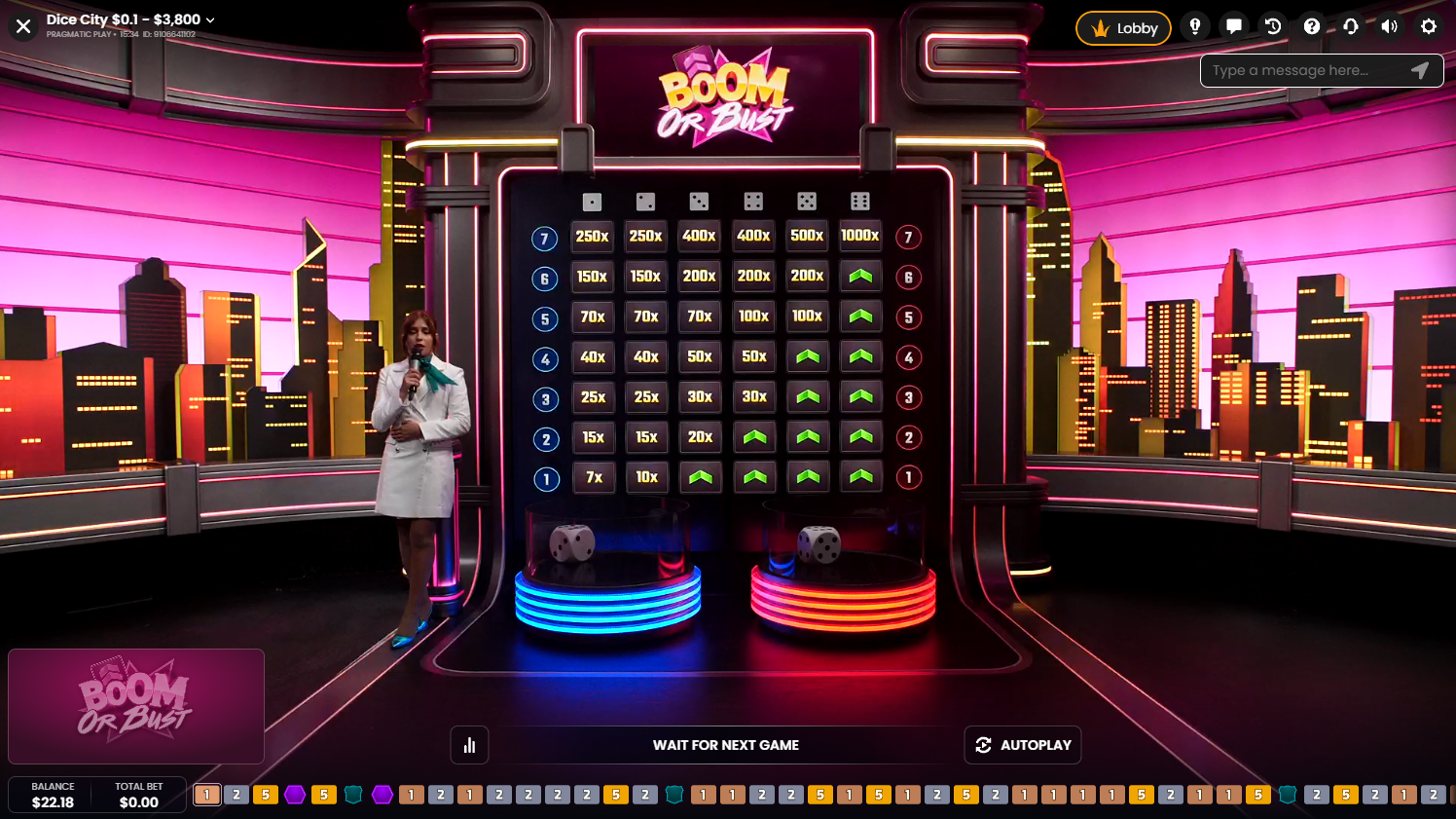 Dice City by Pragmatic Play Live Casino: Boom or Bust Bonus round - Flush