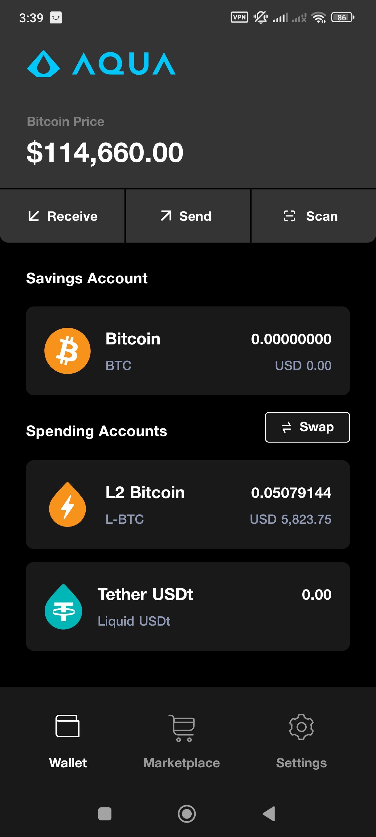 Aqua Wallet's Dashboard, Bitcoin, Liquid and Lightning - Flush