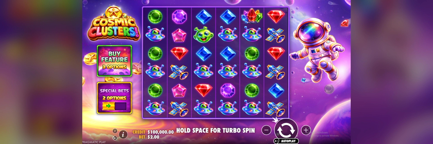  Cosmic Clusters demo base game screenshot showing the 6x6 cluster grid, low and high pay gemstone symbols, the Buy Feature and Special Bets menu, and the astronaut character against the purple nebula backdrop