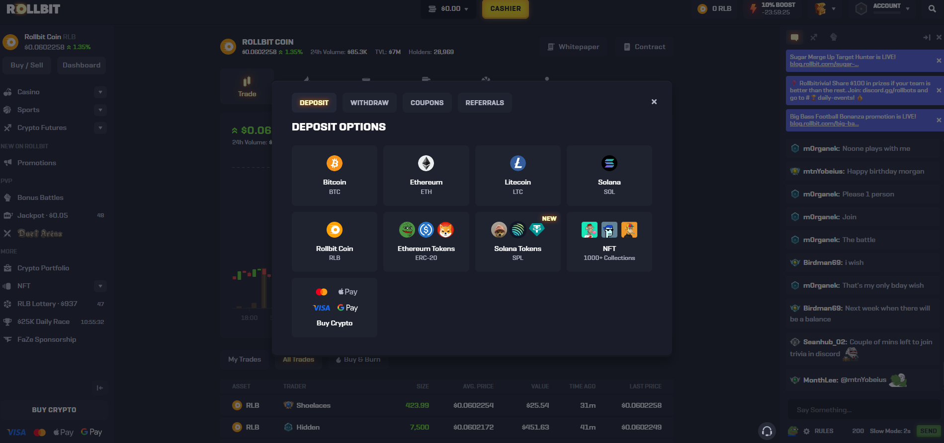 2026년 Rollbit 입금 옵션: Bitcoin, Ethereum, Litecoin, Solana, Rollbit Coin, NFT, Buy Crypto