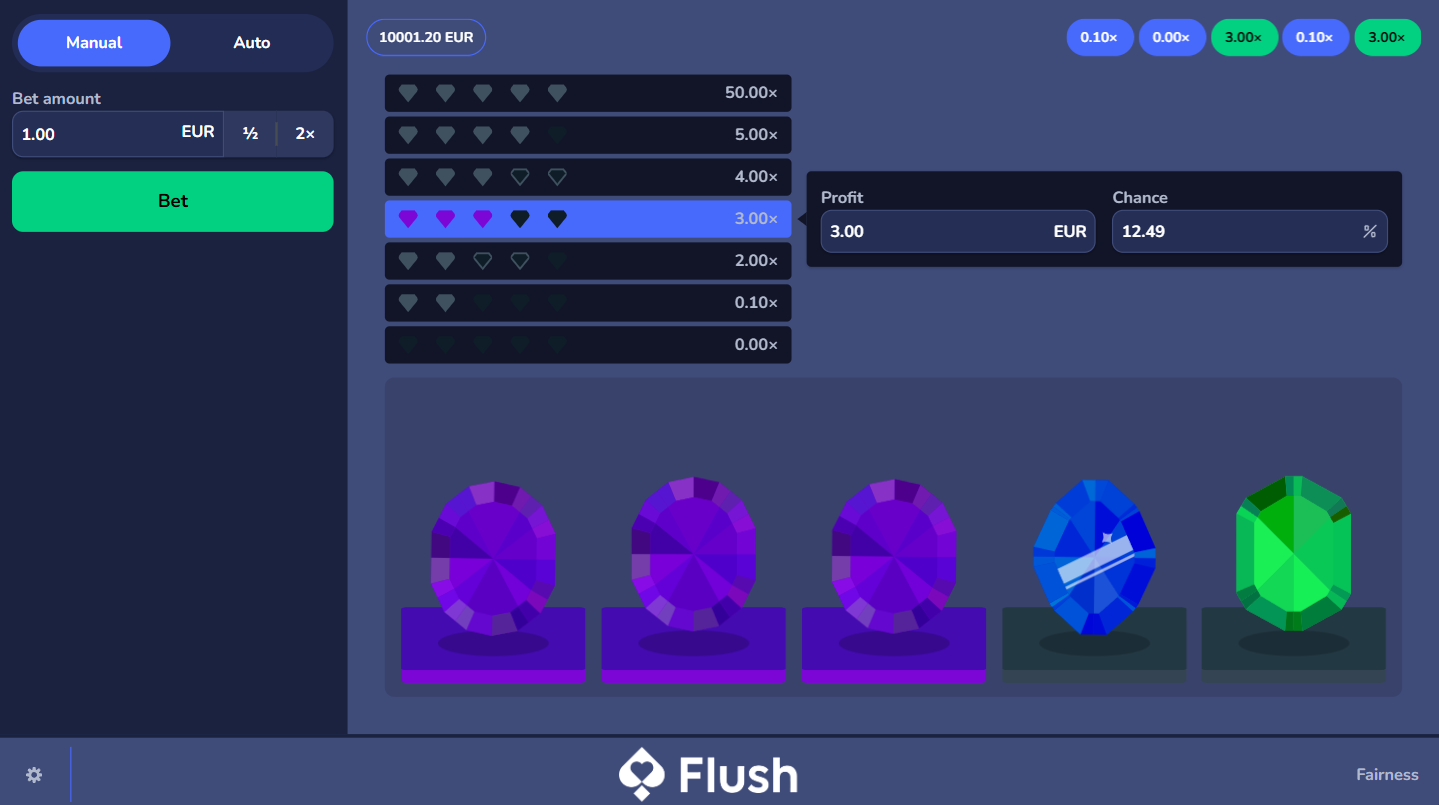 Flush OriginalsのDiamonds。宝石が3つ揃って勝った画面。