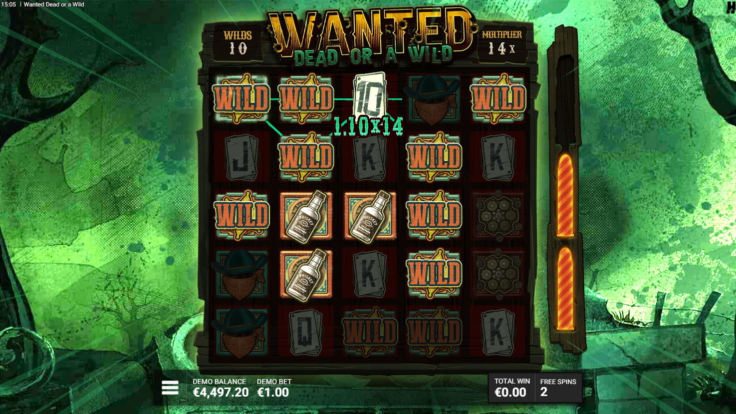 Hacksaw Gaming의 Wanted Dead or a Wild Dead Man's Hand 대결 단계, 와일드와 멀티플라이어로 가득 찬 릴 - Flush
