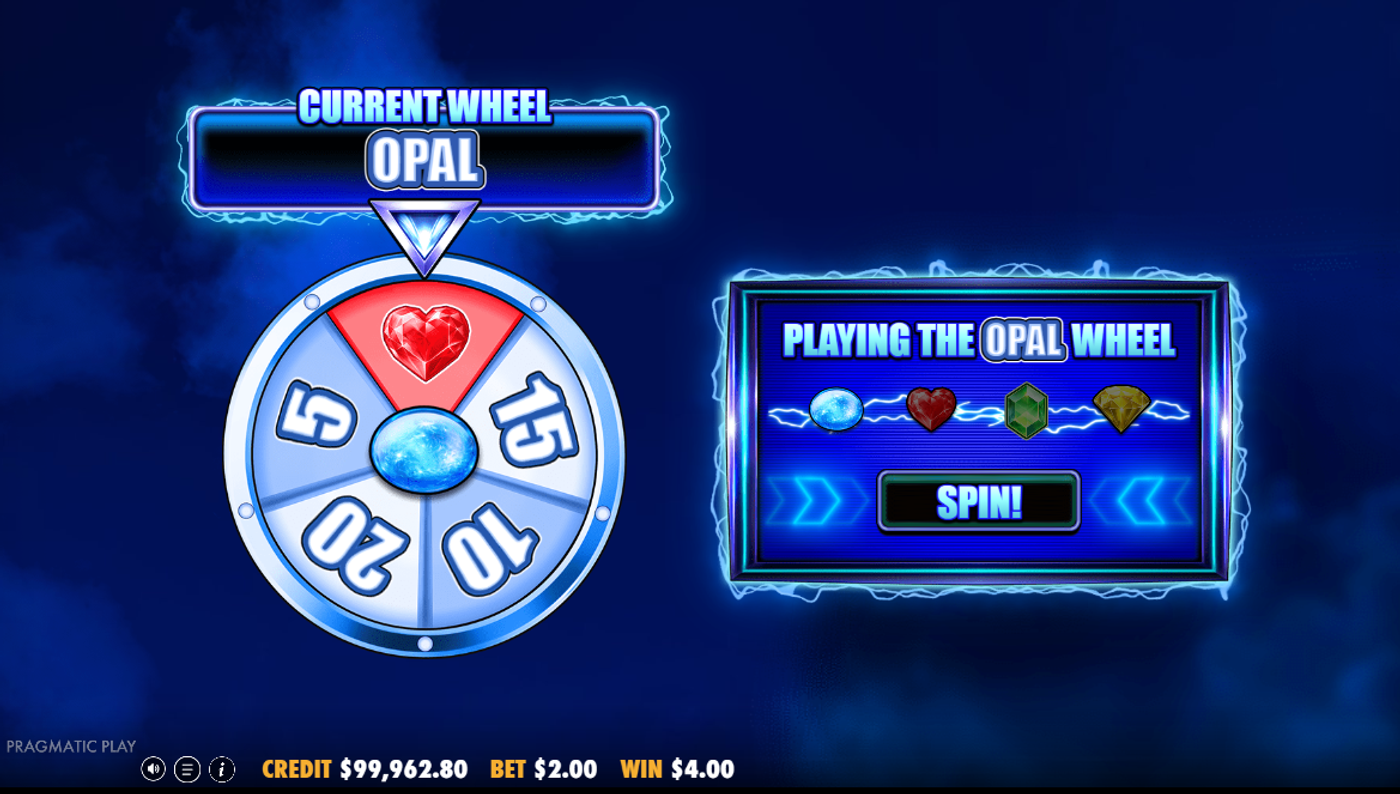 777 Wheel Blitz Opal Wheel bonus screen showing the current wheel indicator and the spin prompt