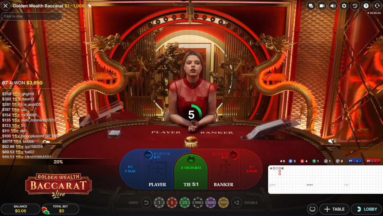 Golden Wealth Baccarat - Evolutionのライブカジノ - タイマー、統計、配当が表示されたベットフェーズ - Flush