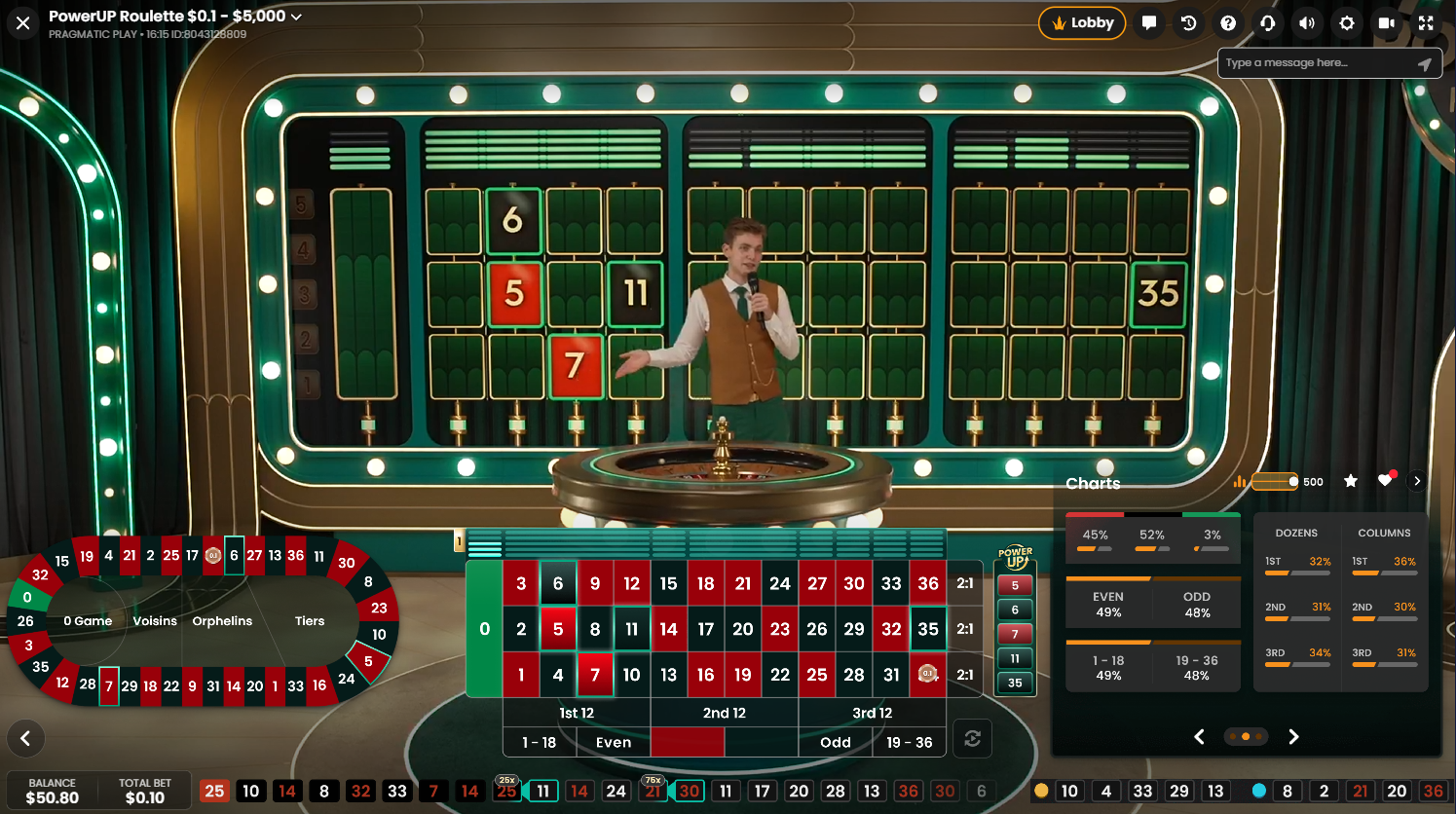Pragmatic Play LiveのPowerUP Roulette、画面上でPower Upナンバーが発表される場面 - Flush